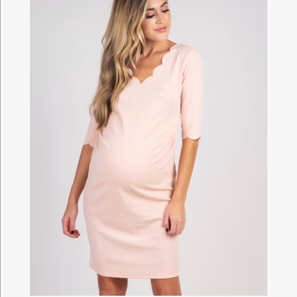Maternity Dress Pink Blush Scallop V-Neck Sleeve